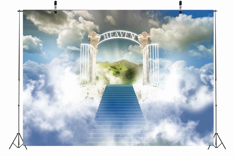 BELECO 7x5ft Fabric Heaven Backdrop Paradise Gate Sky Stairway to Heaven Photography Backdrop for Heaven Sent Baby Shower Baptism Banner Easter Photo Background Church Photo Booth Props - Image 3